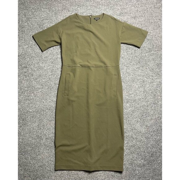 Warehouse Womens Pencil Dress Green Short Sleeve Zip Pockets Minimalist Midi 2 - Picture 1 of 7